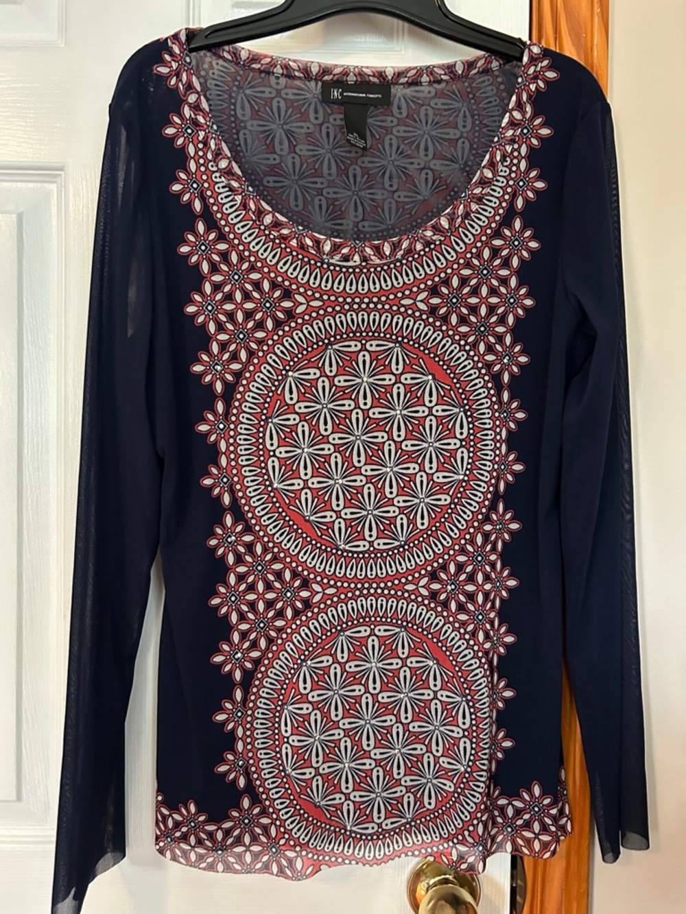 INC International Concepts Navy Long-Sleeve Embellished Medallion Print Top
